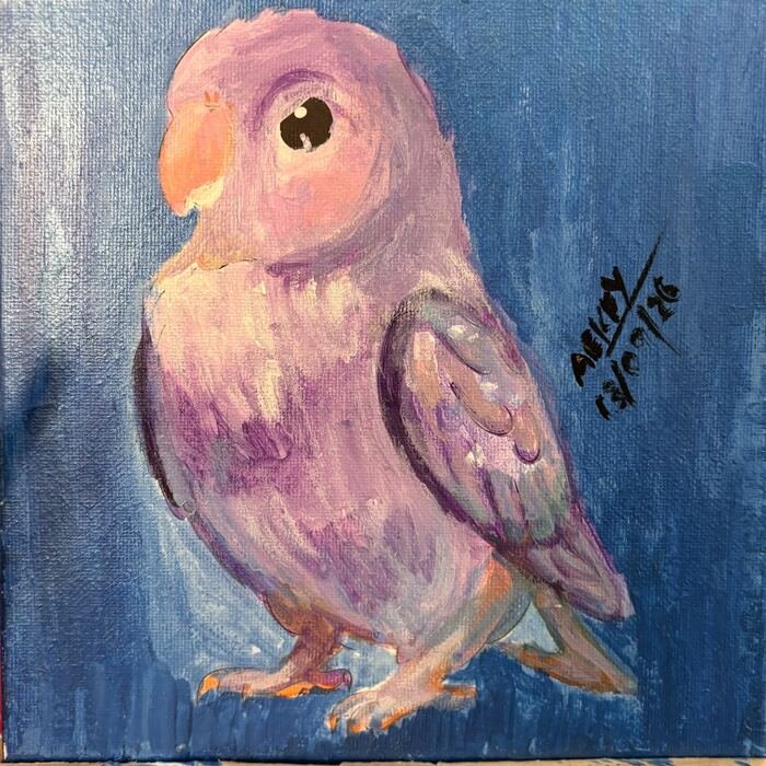 Lilac lovebird painted at a Sip & Paint session