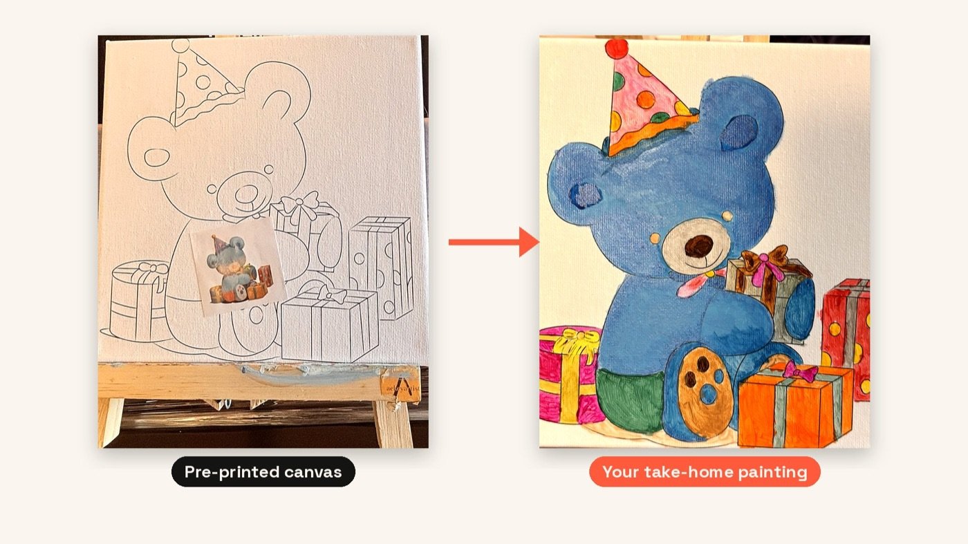 Side-by-side: a pre-printed teddy bear outline on canvas on the left, and the finished blue teddy bear painting with colored gift boxes on the right.