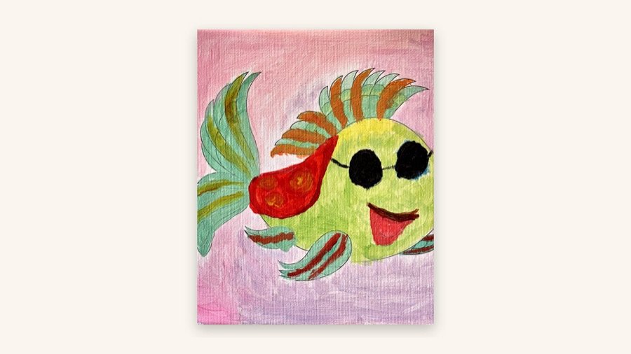 Green fish painting on canvas.