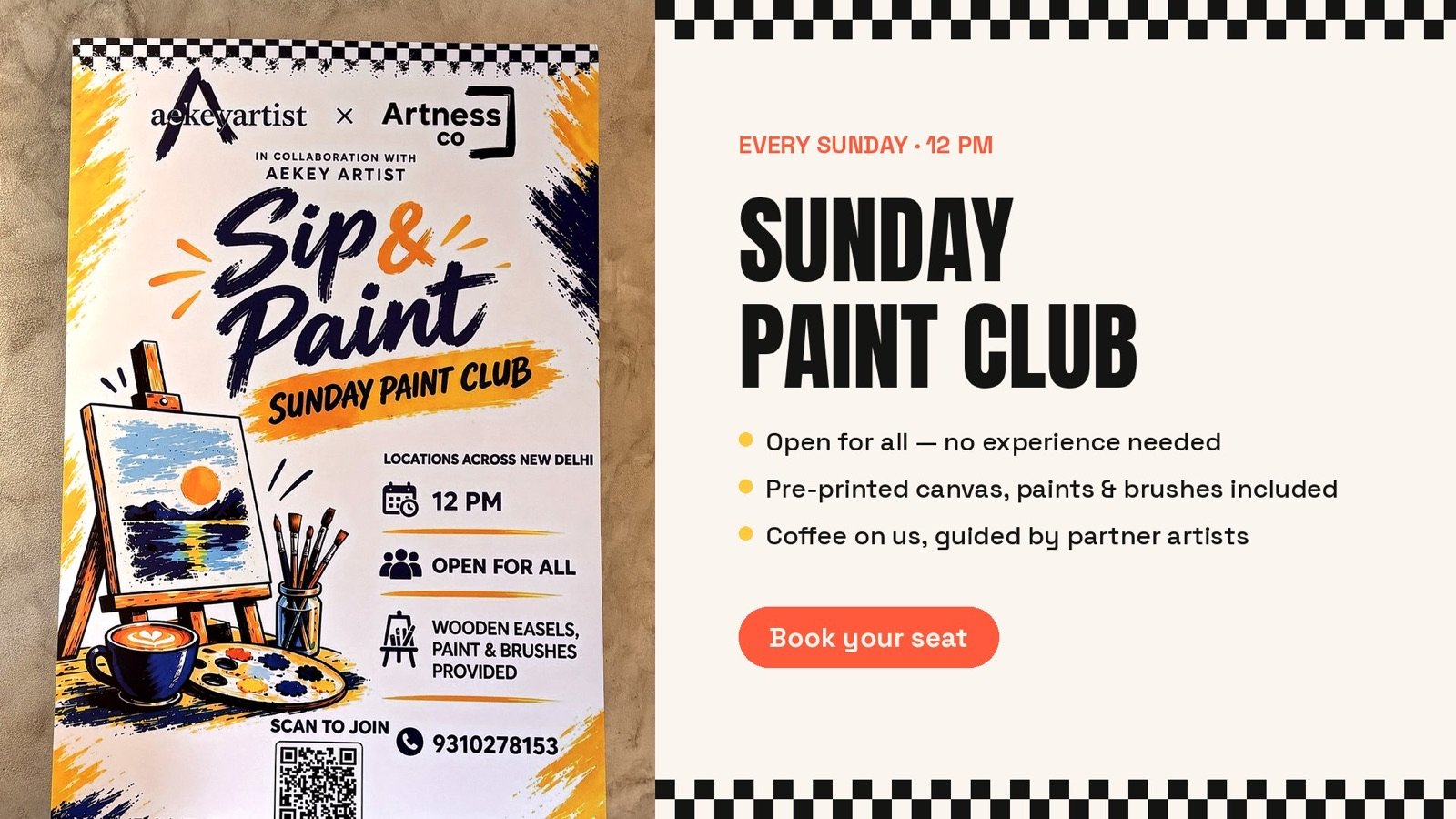 Sunday Paint Club — every Sunday, guided by a working artist, canvas and coffee provided.